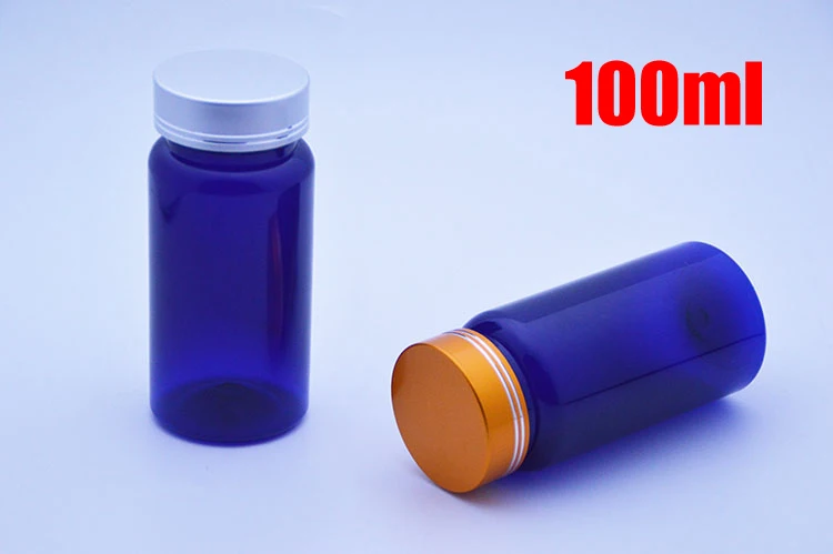 

100pcs 100ml Blue Color PET Medicine Bottle,Capsules/Pills/Powder/Vitamins Bottles, Plastic Bottles-Golden/Silver ColorsCaps