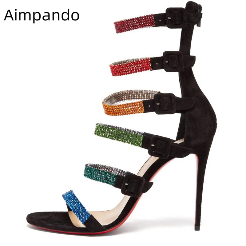 

Colorful Crystal Studded Buckle Gladiator Sandals Women Stiletto Heel Cover Heel Sexy Open Toe Rhinestone Summer Sandalias Mujer