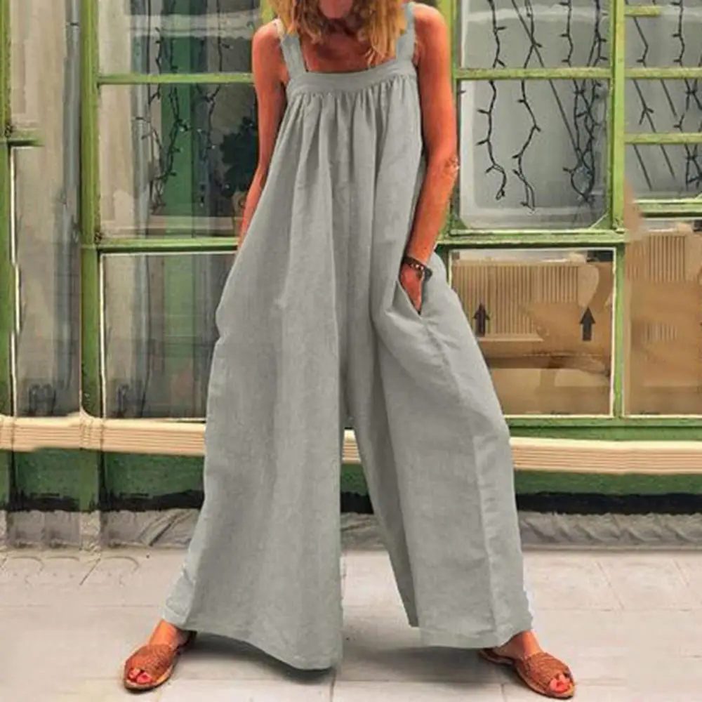 

Fashion Summer Solid New Casual Sleeveless Jumpsuit Wide Leg Pants