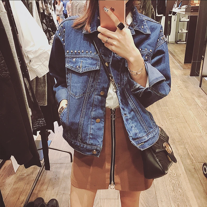 Women Jacket Top Cotton Pockets Rivet Full Regular 2017 Spring New