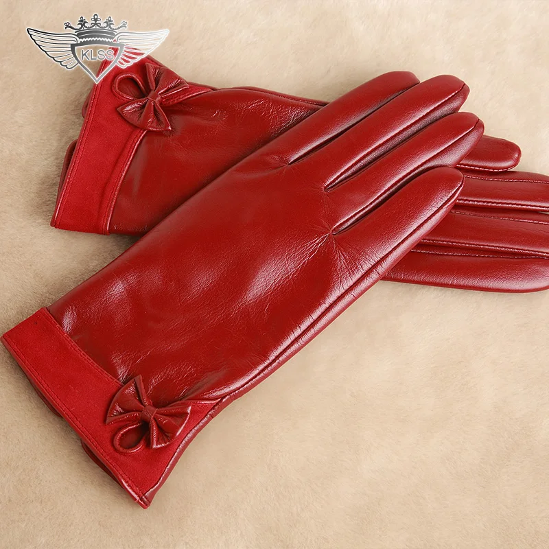 Wrist Bowknot Women Genuine Leather Gloves Top Quality Goatskin Gloves Winter Sheepskin Leather Gloves Female Driving Gloves 903