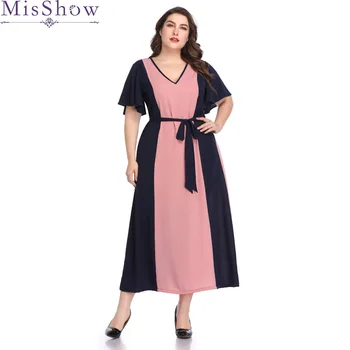 

Casual Plus Size Retro Dresses Women Loose Maxi Dress Contrast Color Short Sleeve V Neck Boho Long Dress 4XL 5XL Oversize Robe