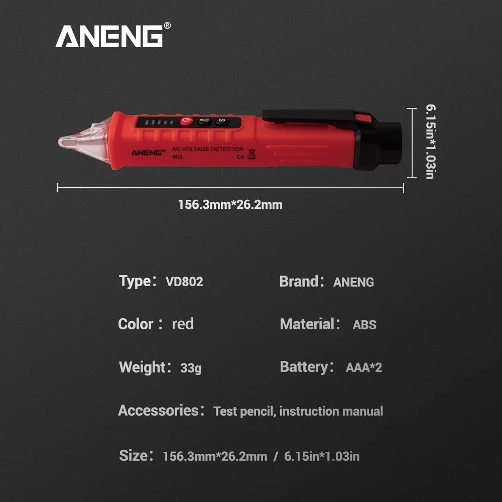 ANENG VD802 Бесконтактный переменного тока индикатор напряжения метр 12 V-1000 v ручка Стиль Электрический счетчик светодиодная розетка Напряжение Dectetor