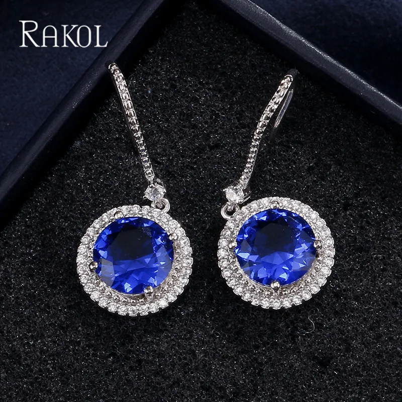 

RAKOL Round Shape Blue Cubic Zircon Hook Earring Fashion Pendant korean Bridal Wedding Drop Earrings For Women Pageant Jewelry
