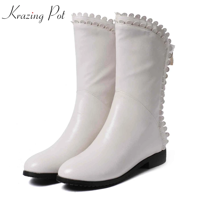 

krazing pot microfiber round toe Western motorcycle boots European design low heels ruffles decoration sweety mid-calf boots L06