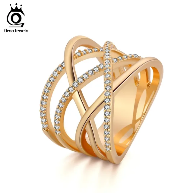 ORSA JEWELS Big Size Silver Color Ring with Micro Paved AAA CZ High Polished Lea ORSA JEWELS Big Size Silver Color Ring with Micro Paved AAA CZ High Polished Lea