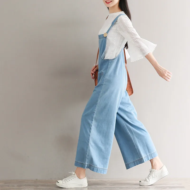 Qiukichonson, комбинезон с широкими штанинами и карманами, весна-лето, женские комбинезоны размера плюс, Комбинезоны для девушек, джинсовые комбинезоны для женщин