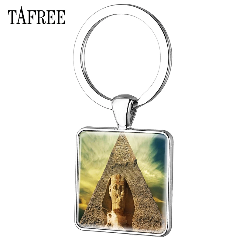

TAFREE the Trigonal Pyramids Key Chain Scenery Picture Silver Plated Square keychains New for women party gift jewelry FA84