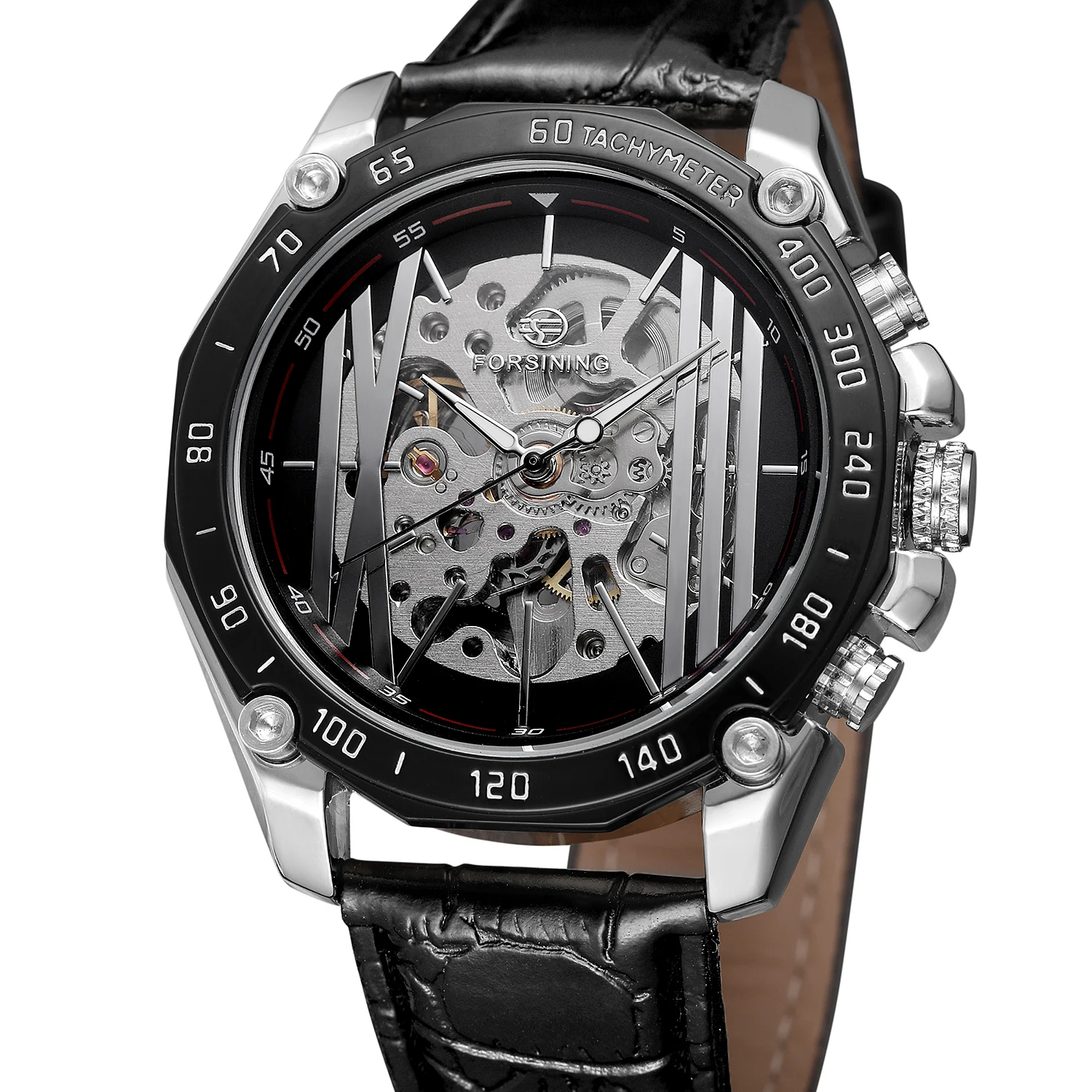 

FORSINING WATCH Featured Creative Surface Silver Carved Arabic Digital Dial Belt Men's Wrist Mechanical Watch