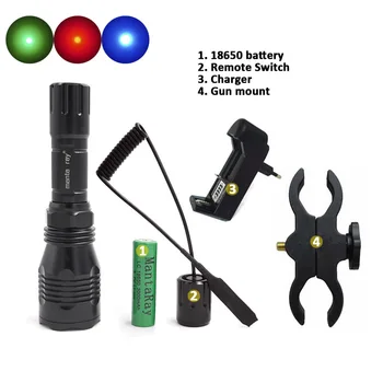 

Hunting LED Flashlight Green Blue Red Light Tactical Spotlight Lantern Torch Lamp HS-802 + Remote Switch Gun Mount 18650 Charger