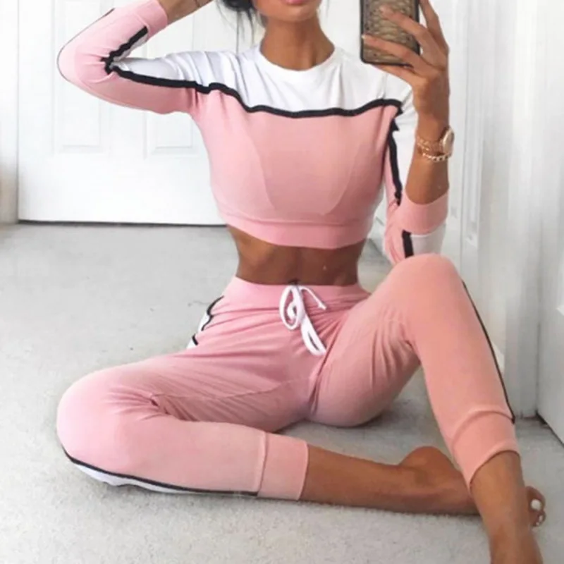 

2Pcs 2018 Fashion Two Piece Set Women Tracksuit Patchwork Stripe Crop Sweatshirt &Pants Sets Casual Sportwear Sets New
