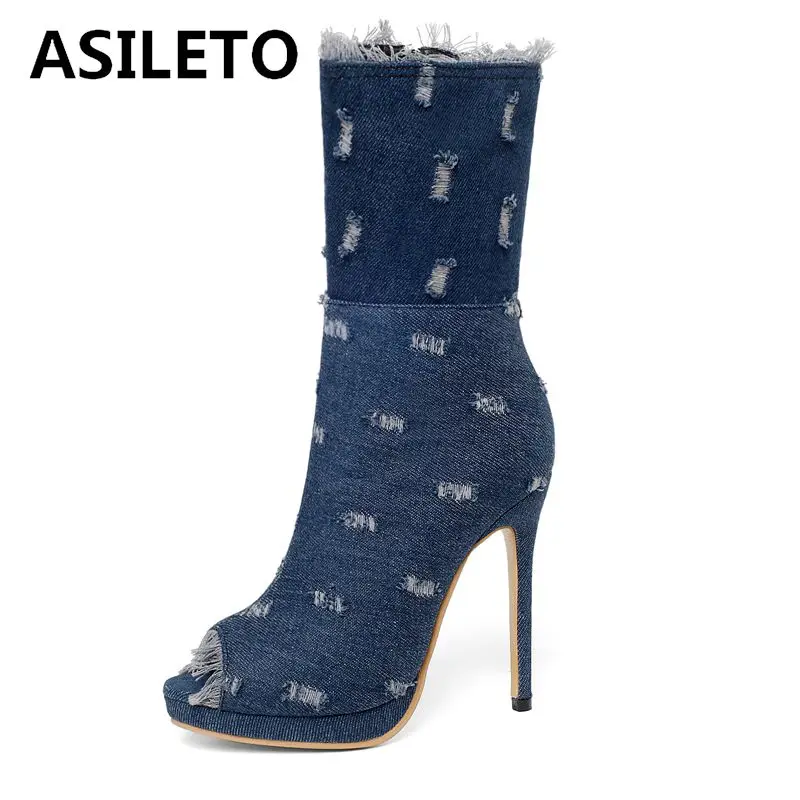 

ASILETO spring ankle boots women high heels ladies summer shoes peep toe zipper blue jeans booties broken denim hole stilettos