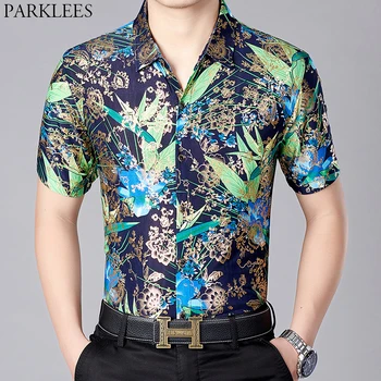 

Shiny Floral Bronzing Silk Shirt Men 2019 New Slim Fit Short Sleeve Mens Dress Shirts Casual Party Male Social Shirt Camisas 3XL