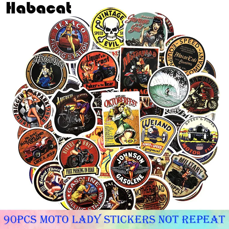 

90 Pcs/Pack Motorcycle Beauty Vintage Stickers For Motorcycle Luggage Laptop Bicycle Fridge Skateboard Guitar Cartoon Stickers