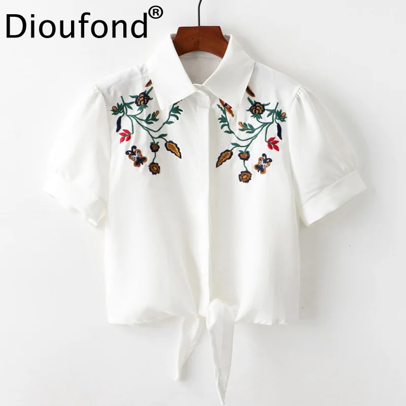 

Dioufond Summer Tie White Lady Short Sleeve Blouse Solid Embroidery Women Tops Shirt Casual Turn-down Collar Fashion Clothing