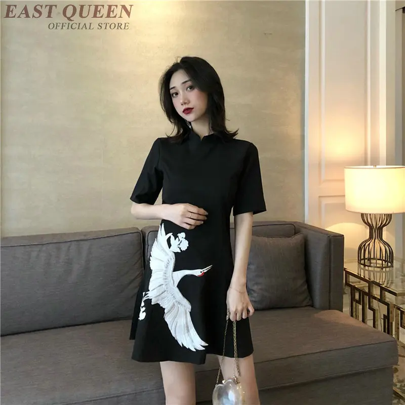 

Red Black Cheongsam Dress Midi Elegant Embroidery Crane Japanese Kimono Yukata Women Costume Geisha Dresses Summer 2019 FF2152
