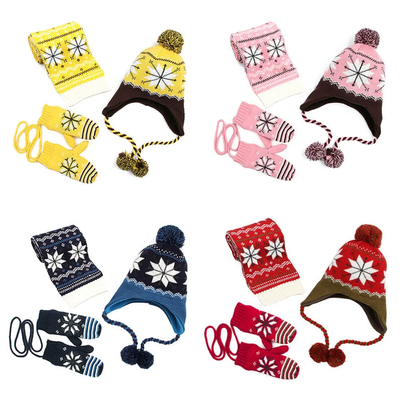 

3pcs Brushed Snowflake Accessory Knitted Set Cold Weather Warm Keeping Pull On Hat Scarf And Gloves For Girls Boys Kids Children