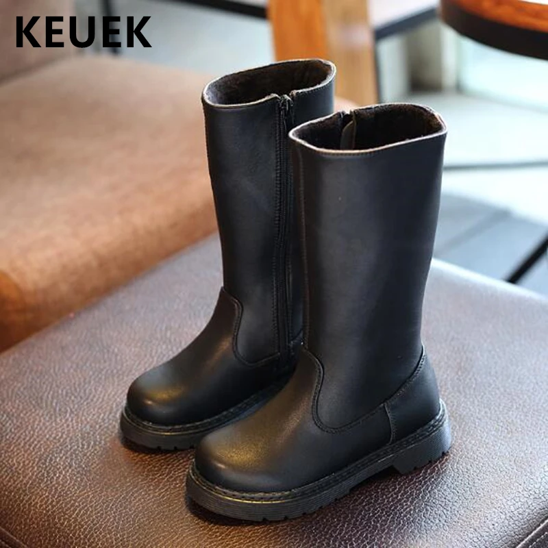 

2018 New Children Leather Boots Boys Girls Plush Warm Baby Martin boots Zip Mid-Calf High Boots Kids Shoes 03