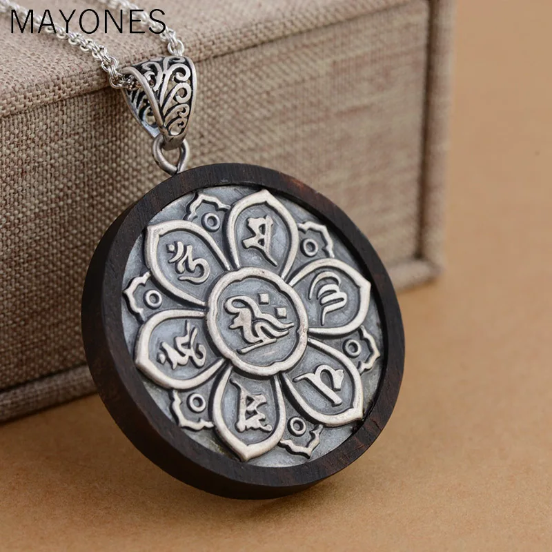 

Genuine 925 Sterling Silver Blackwood OM Mantra Pendant Six Words Carved Tibet Pendant Prayer Yoga Chakra Buddhist Jewelry