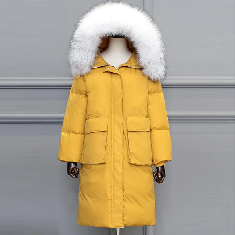 Новинка, Женское зимнее пальто, женский меховой воротник с капюшоном, теплый толстый пуховик средней длины, Женская куртка, белое пуховое пальто - Цвет: yellow 1