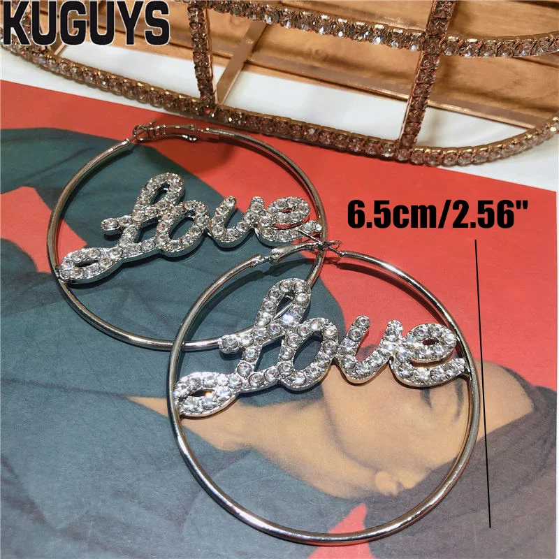KUGUYS бум Золотые кристаллы Письмо Любовь серьги-кольца для женщин круглые BlingBling Серьги Brincos модные ювелирные изделия вечерние аксессуары