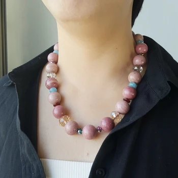 

Lii Ji Natural 18mm Rhodonite Agate Crystal Multi Color Beads Fashion Necklace with Shell Clasp Approx 53cm
