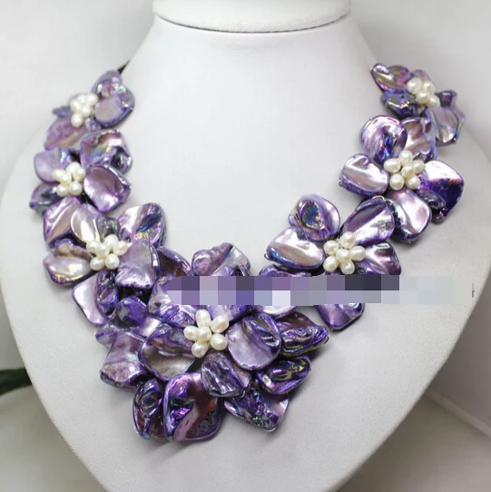 

zj 00070 white pearl purple mother of pearl shell flower handmade necklace 18" jewelry