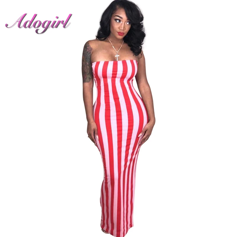 

Striped Red Strapless Sexy Maxi Dress Wome Vertical Striped Bodycon Pencil Dress Off Shoulder Sleeveless Beach Robes