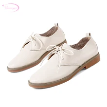 Chainingyee/Очаровательная Женская обувь из мягкой натуральной кожи для колледжа; удобные модные туфли на плоской подошве с круглым носком на шнуровке; цвет бежевый, черный