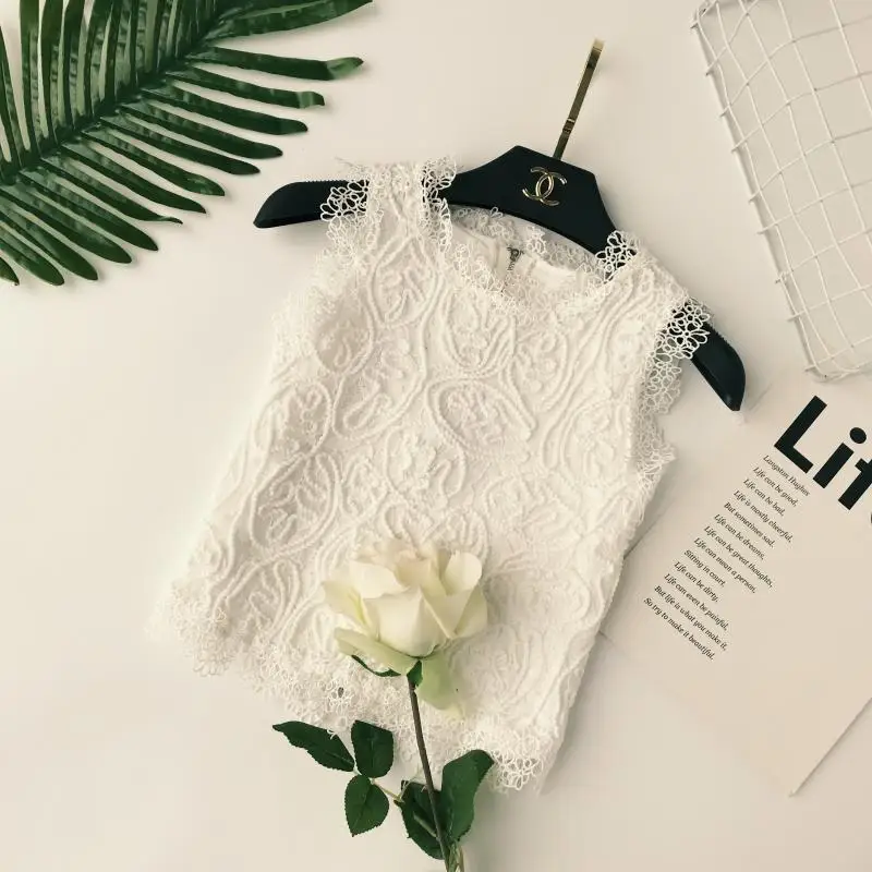 

Women's White lace Tank Tops zipper shirts 2019 O Collar Camis Sleeveless brand tops Clothing Female Girls Shirts chic Blusa