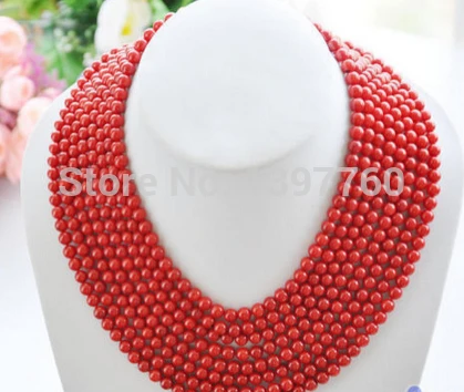 

Miss charm Jew.179 Real 8row 16"~22" 5-6MM round red coral bead necklace