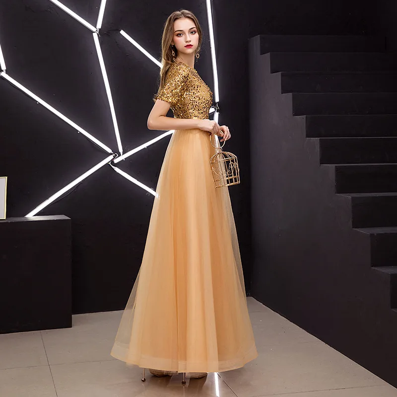 JaneVini роскошное Золотое платье для выпускного вечера с блестками, короткий рукав, фатиновая юбка, платья подружек невесты, длинное ТРАПЕЦИЕВИДНОЕ женское вечернее платье