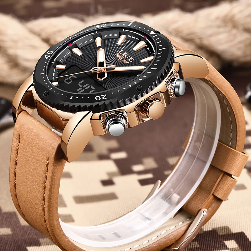 LIGE New Mens Watches Top Brand Luxury Quartz Dual Display Sport Waterproof Waterproof Men Business Leather Clock Montre Homme