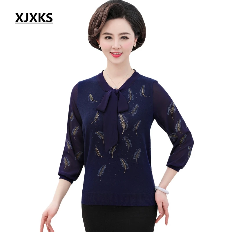 

XJXKS 2019 New Summer Tops Knitted Printing Pullover Sweater Plus Size Middle-aged Vintage Casual Chiffon Sleeve Women Sweaters