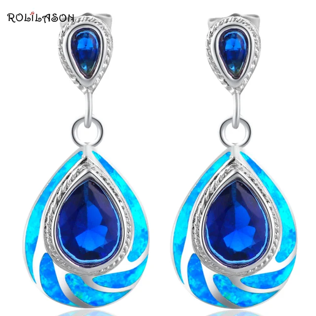 Rolilason Clic Blue Fire Opal 925 Silver Australia Zirconia Rolilason Clic Blue Fire Opal 925 Silver Australia Zirconia Dangle Earrings For Women Fashion Jewelry
