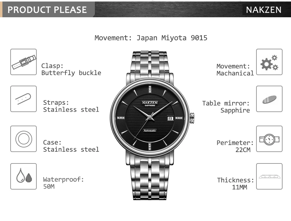 NAKZEN, мужские деловые наручные часы, брендовые, роскошные, с бриллиантами, автоматические, механические часы, мужские часы, Relogio Masculino Miyota 9015