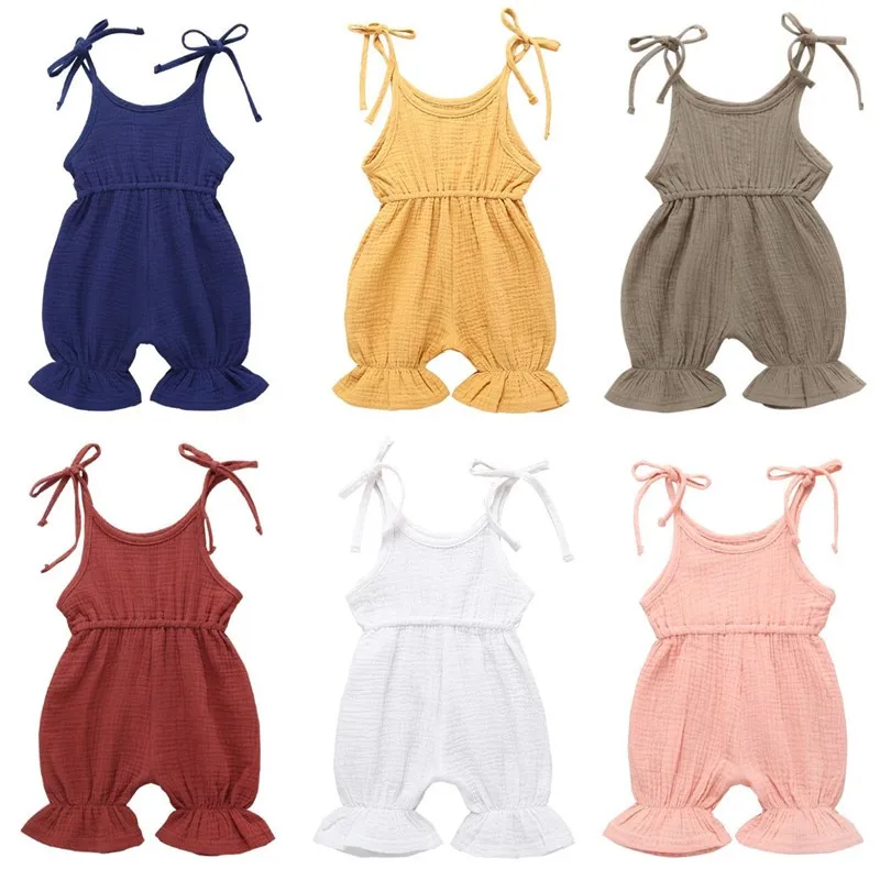 

New Lovely Baby Girl Romper Soft Cotton Linen Summer Clothing Sleeveless Strap Toddler Jumpsuit Solid Flare Leg Overall Romper