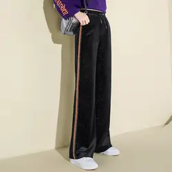 2018 новый зимний полосатый Высокая талия широкие штаны Женские Элегантные корейские вельветовые брюки плюс Размеры на шнуровке эластичные