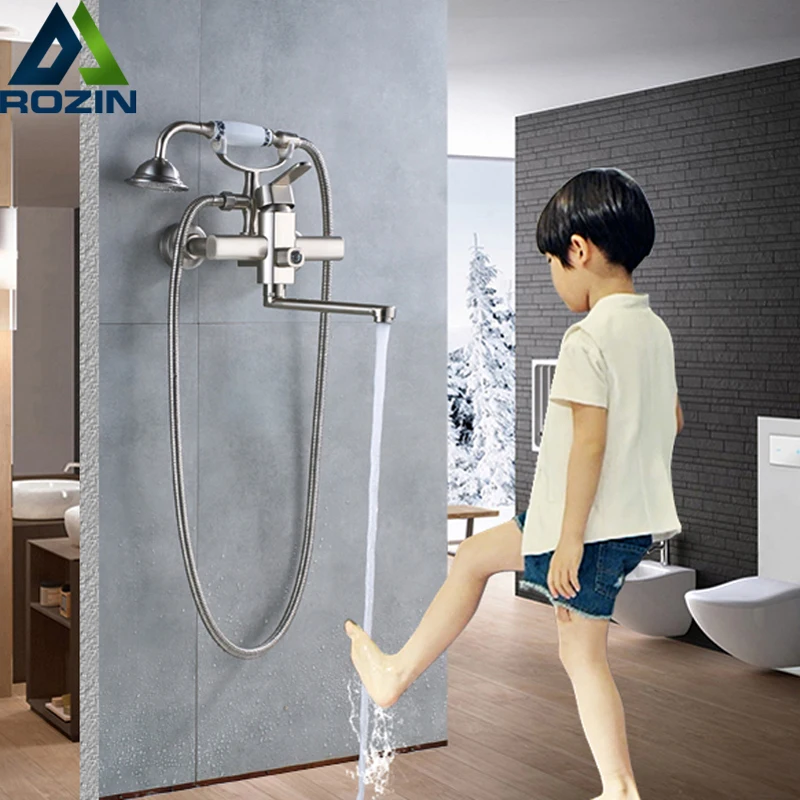

Wall Mounted Bathroom Tub Sink Faucet Single Lever Handheld Bath Shower Set Longer Nose Bathtub Mixers 360 Rotate Spout