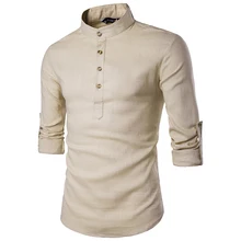 2019 Men casual Shirt long sleeve Mandarin Collar shirts solid color Traditional Chinese Style shirt Cotton