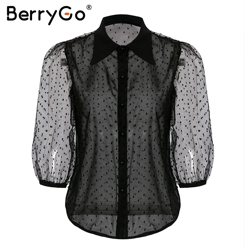 BerryGo элегантная шифоновая блузка с сеткой, Женская белая блуза с длинным рукавом и пуговицами, женские блузки, рубашки для офиса, женские топы размера плюс, шикарные топы - Цвет: Черный