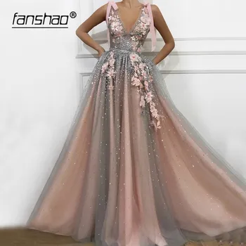 

Sexy Muslim Evening Dresses V-Neck Flowers Bow vestidos de festa Dubai Saudi Arabic Evening Gown Prom Dress