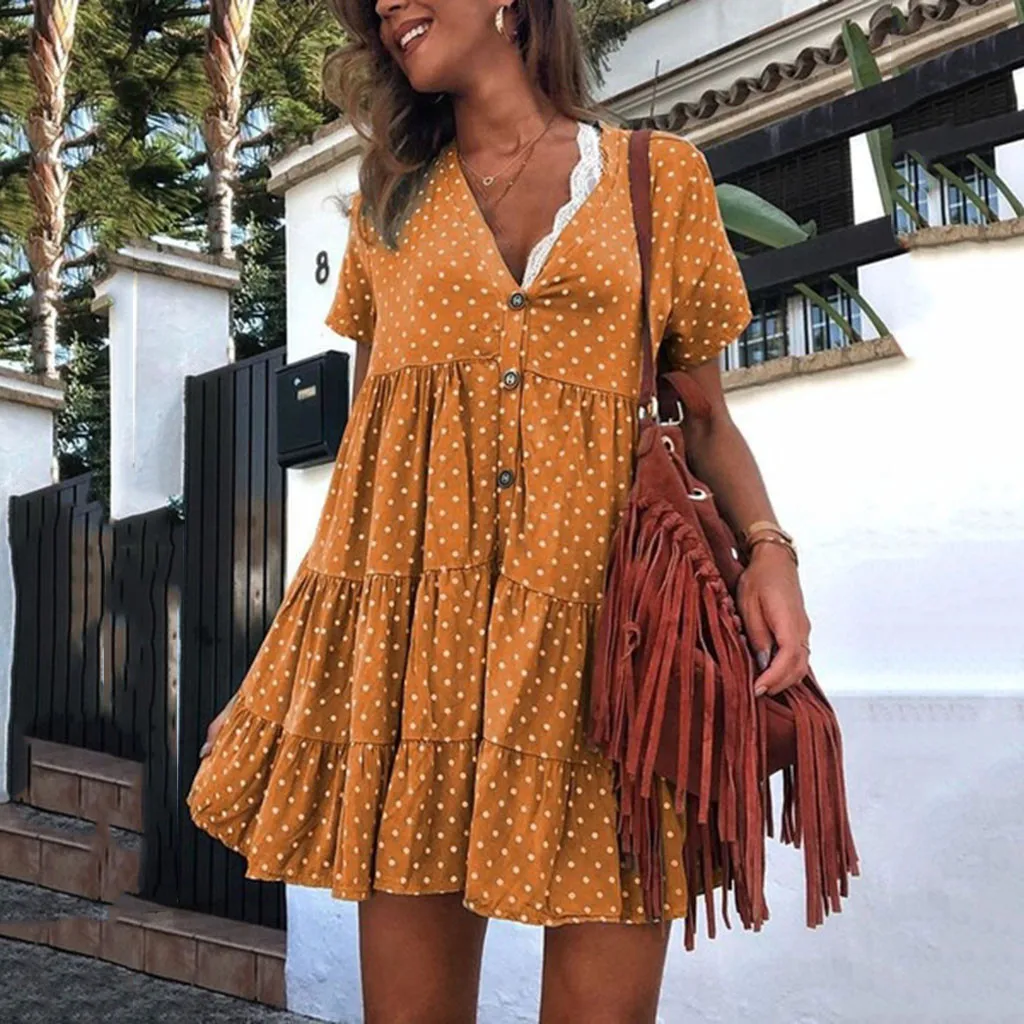 

Printed Polka Dot Summer Dress 2019 Bows V Neck Short Sleeve Bohemian Boho Beach Dresses Ladies Casual Mini Sundress