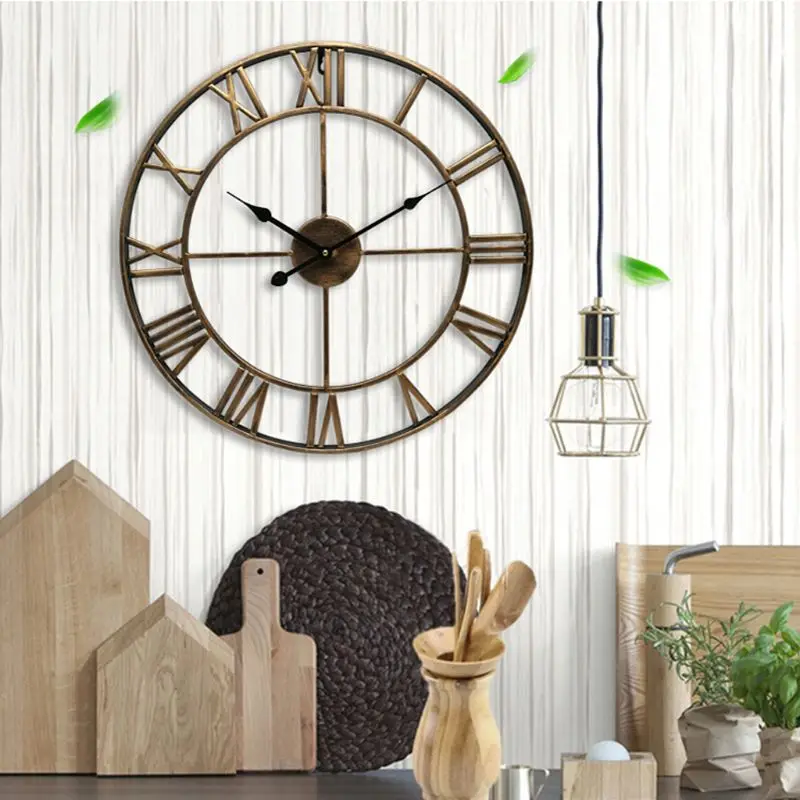 DIY большие 3D настенные часы Наклейка металлические часы римские цифры бесшумные не тикающие декоративные для кафе Лофт отель Бар офисные часы