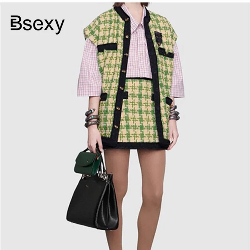 

Runway Tweed Top and Skirt Sets 2019 Houndstooth Checker Pattern Two Pieces Skirt Suit For Women Lady Trim Plaid Vest Skirt Suit