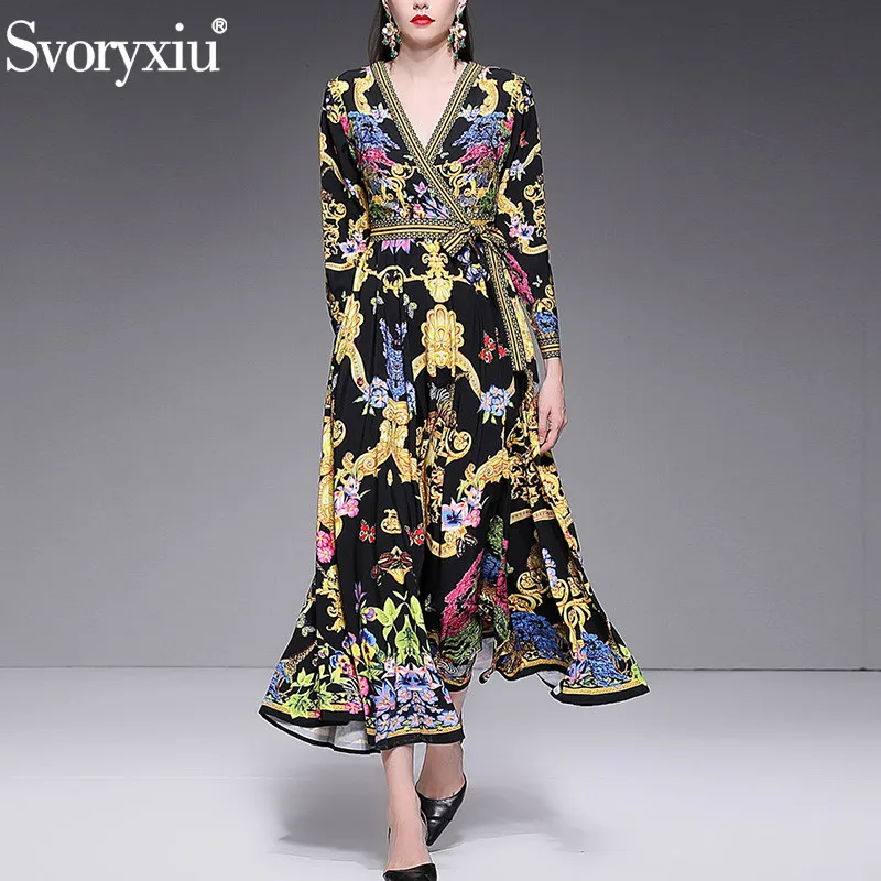 

Svoryxiu Spring Summer Runway Sexy V Neck Party Long Dress Women's Elegant Long Sleeve Vintage Print Robe Maxi Dresses Vestdios