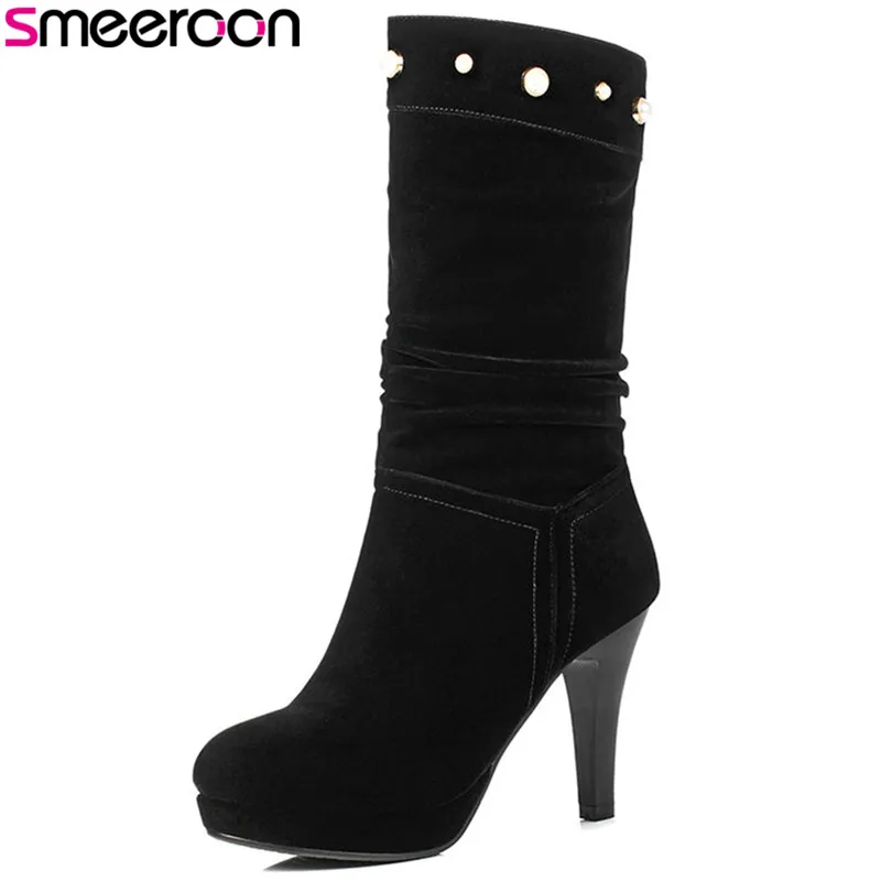 

Smeeroon popular mid calf boots for women super high heels slip on platform boots round toe autumn winter boots prom shoes