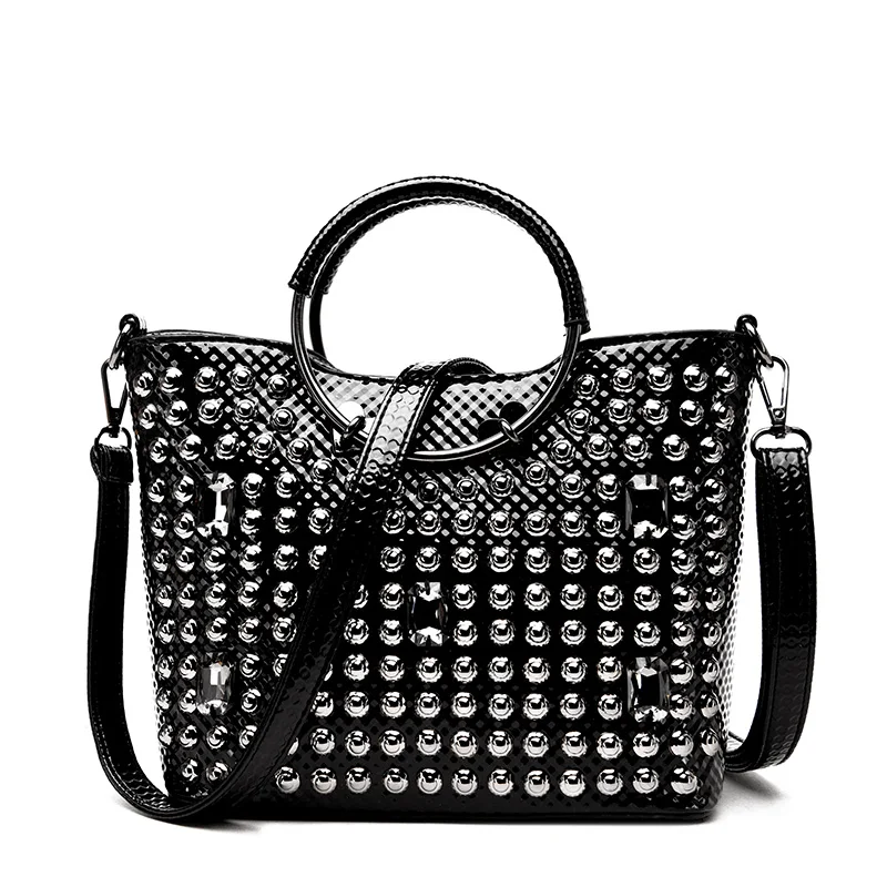 fashion glossy embossed rhinestone rivet ring totes handbag summer new