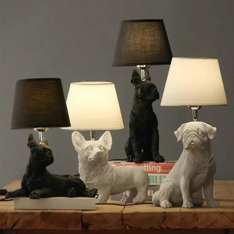 Смоляный Настольный светильник с милой собачкой, прикроватная лампа Corgi Boston mopg Beagle, настольная лампа для собак в стиле ретро, Настольный светильник с животными, черно-белая собака