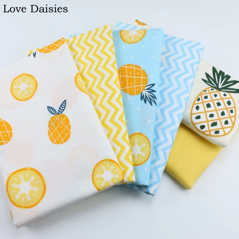 

100% cotton twill BLUE LIGHT BEIGE fruit yellow pineapple lemon stars chevron fabric for DIY crib bedding cushion handwork decor